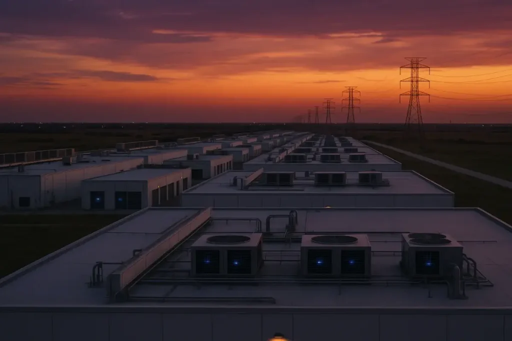 Vaste campus de data center au crépuscule dans une banlieue texane