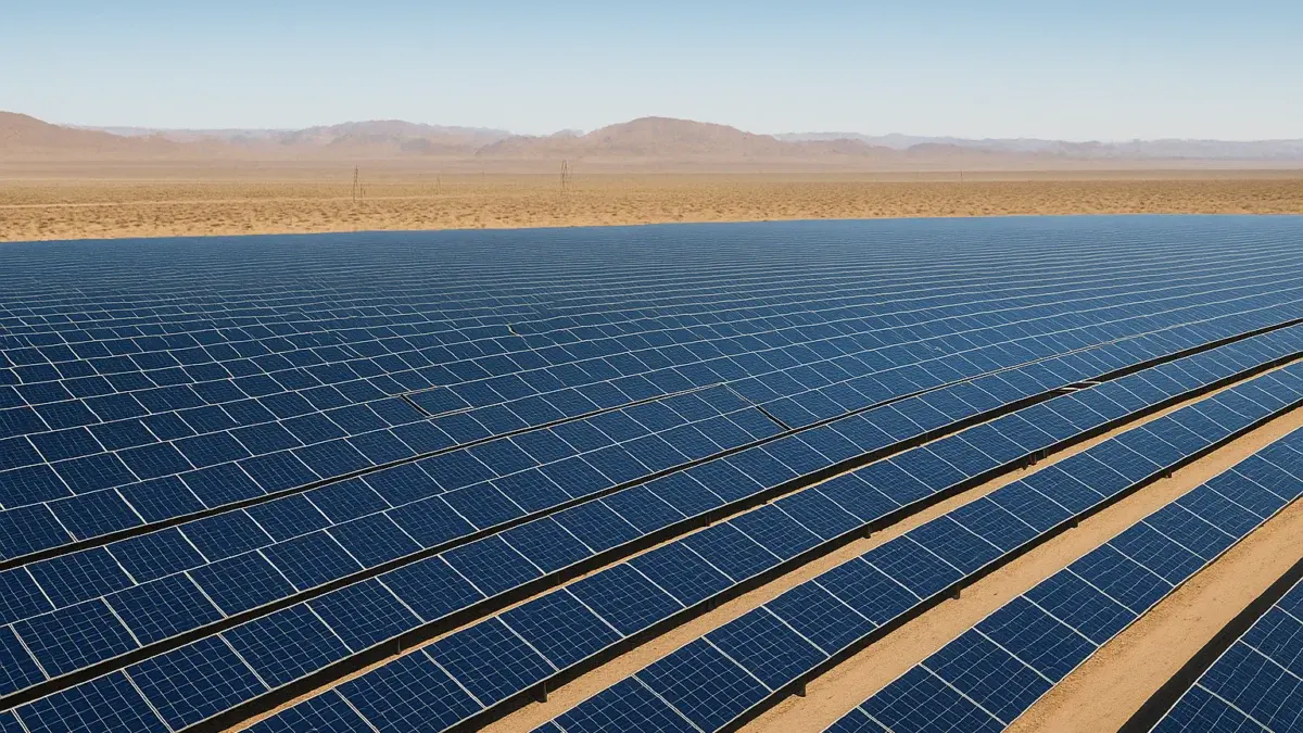 Vaste centrale solaire industrielle dans un paysage désertique ensoleillé