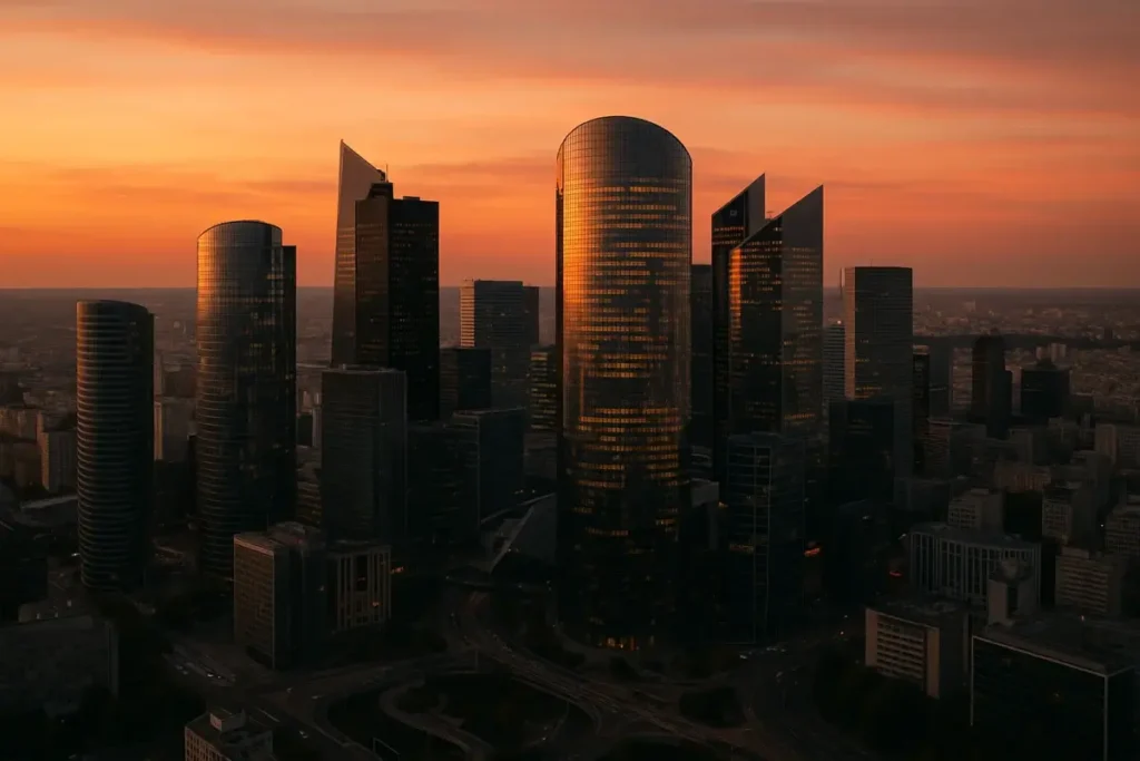 Vue aérienne du quartier d'affaires de La Défense à Paris au crépuscule