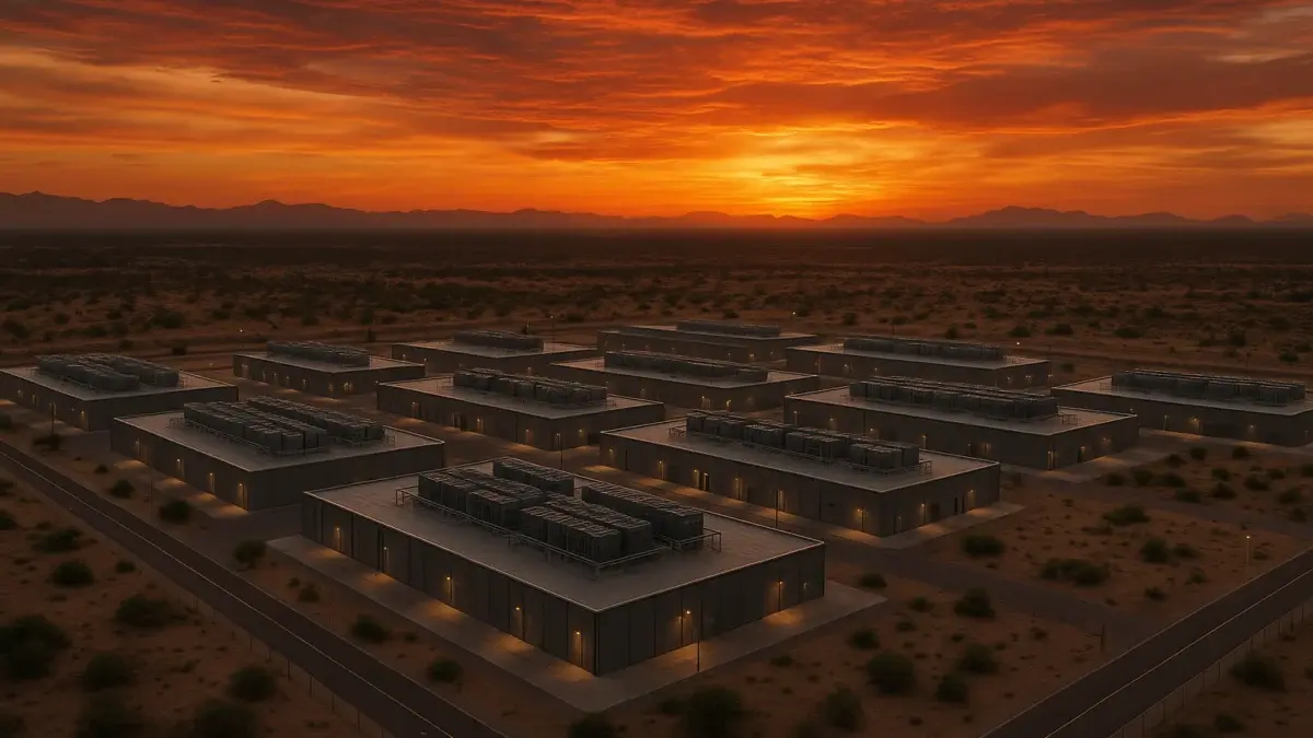 Vue aérienne d'un campus de data centres en zone aride au crépuscule