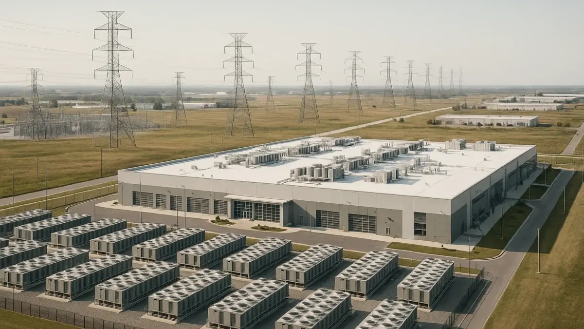 Vue aérienne d'un grand complexe de datacenters en zone industrielle