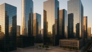 Vue aérienne d'un quartier financier européen au coucher du soleil