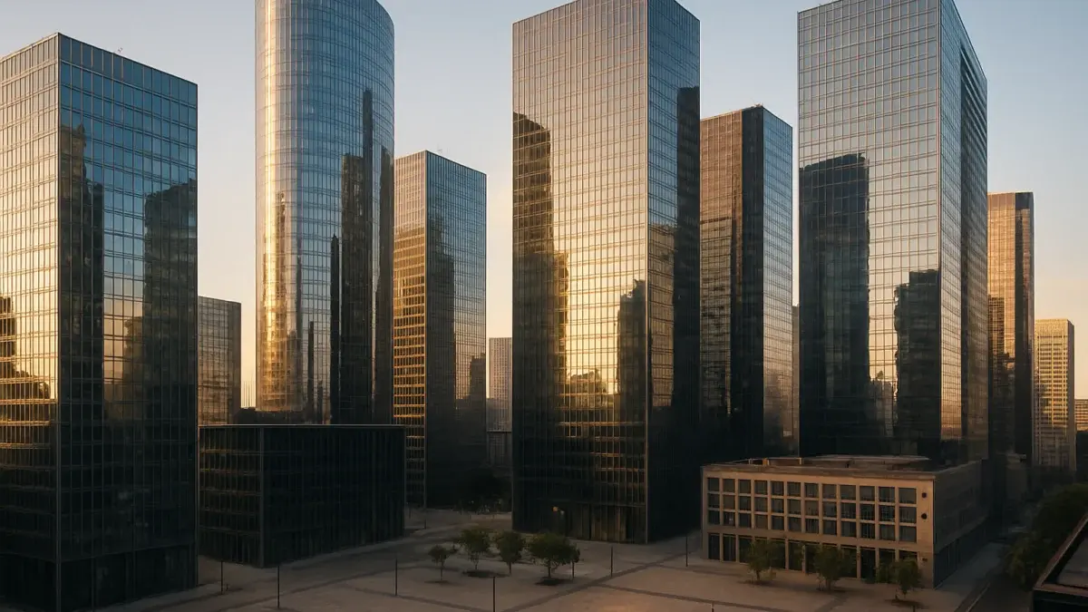 Vue aérienne d'un quartier financier européen au coucher du soleil