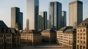 Vue aérienne d'un quartier financier européen mêlant immeubles modernes et bâtiments anciens