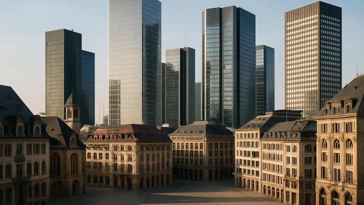 Vue aérienne d'un quartier financier européen mêlant immeubles modernes et bâtiments anciens