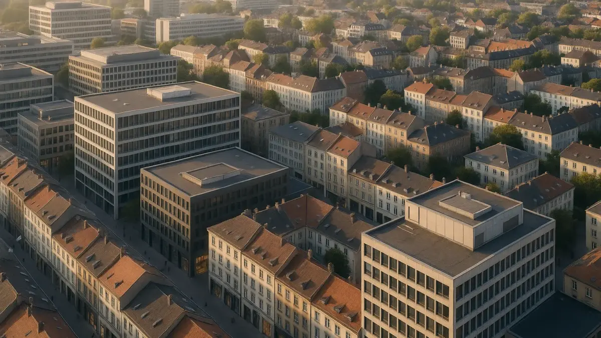 Vue aérienne d'un quartier immobilier mixte européen en lumière matinale