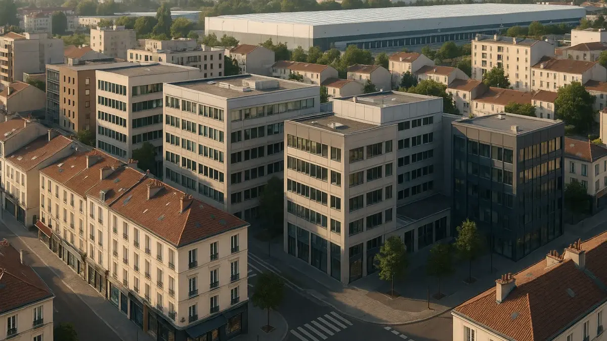 Vue aérienne d'un quartier mixte français bureaux commerces logistique