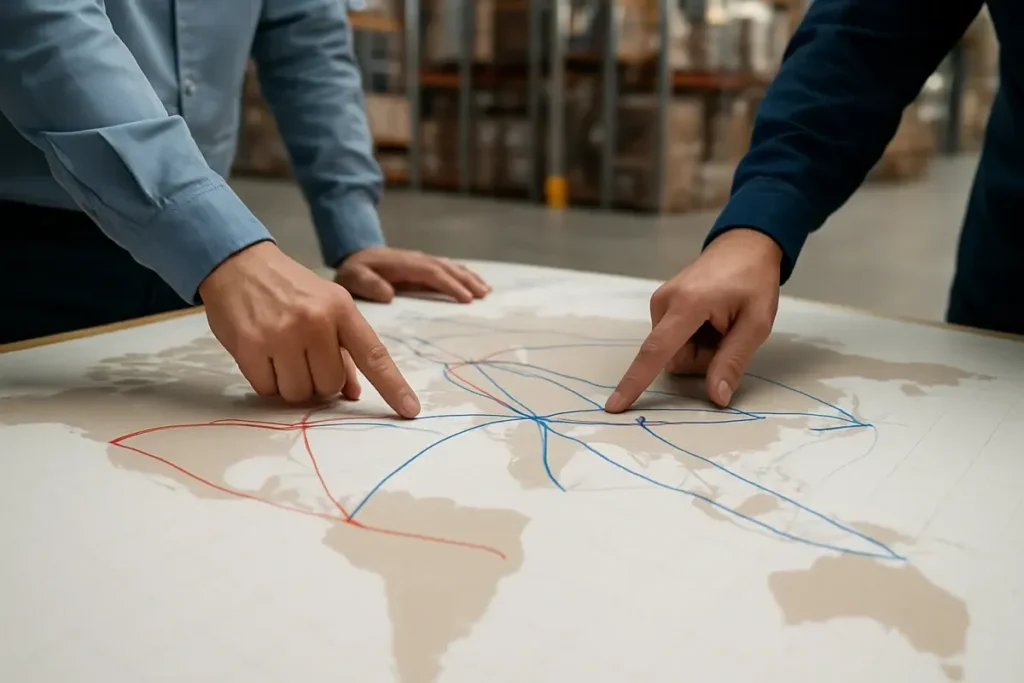 Analyse d'une carte des chaînes d'approvisionnement mondiales par deux experts