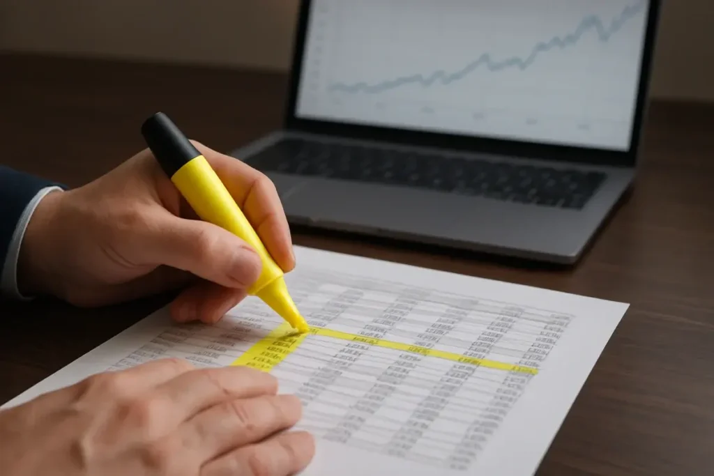 Analyste annotant un prospectus de fonds de dette privée