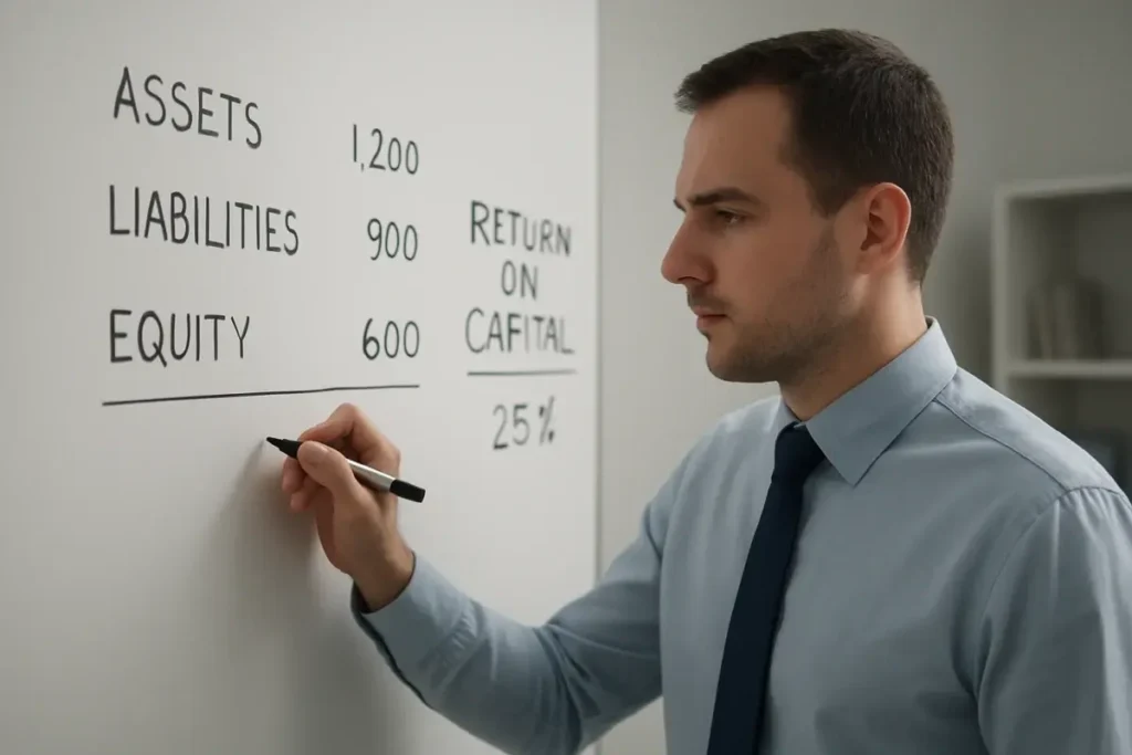 Analyste calculant le retour sur capitaux employés au tableau