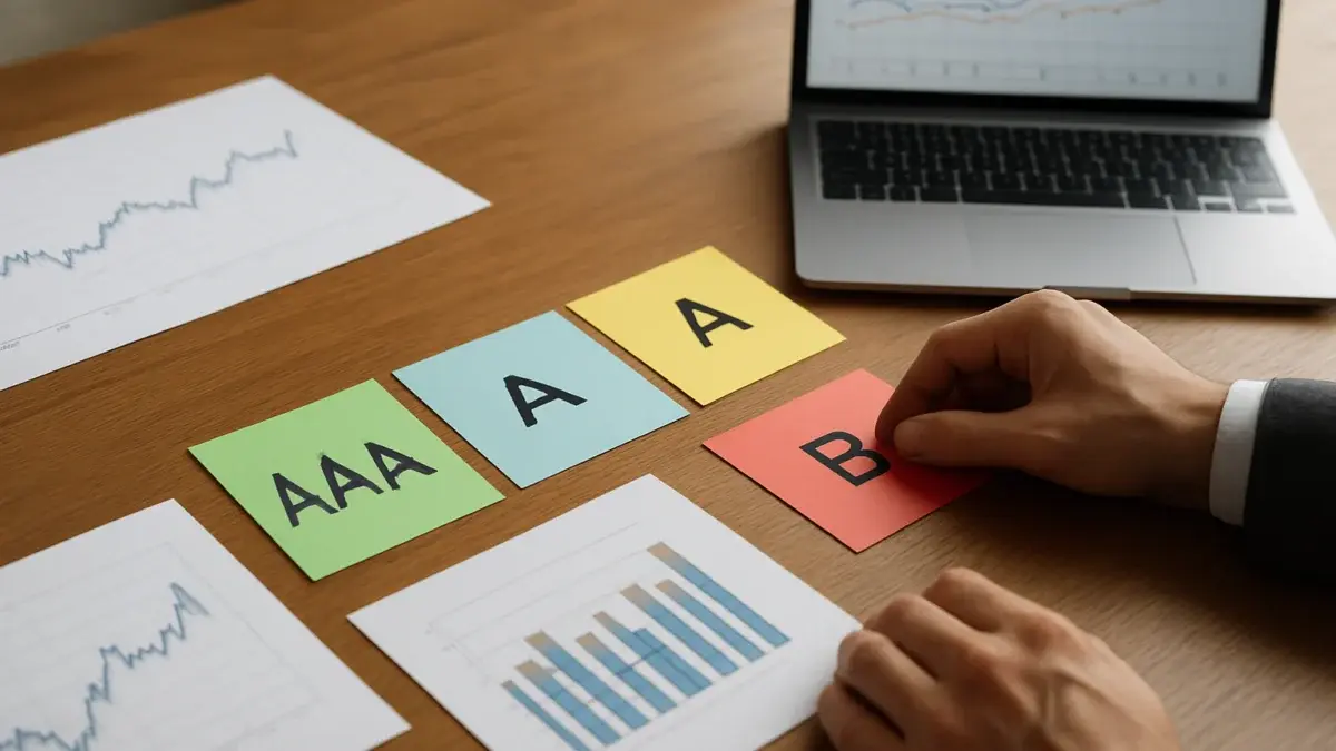 Analyste crédit classant des notations obligataires sur un bureau