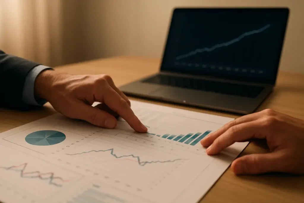 Analyste examinant des courbes de taux sur des documents imprimés