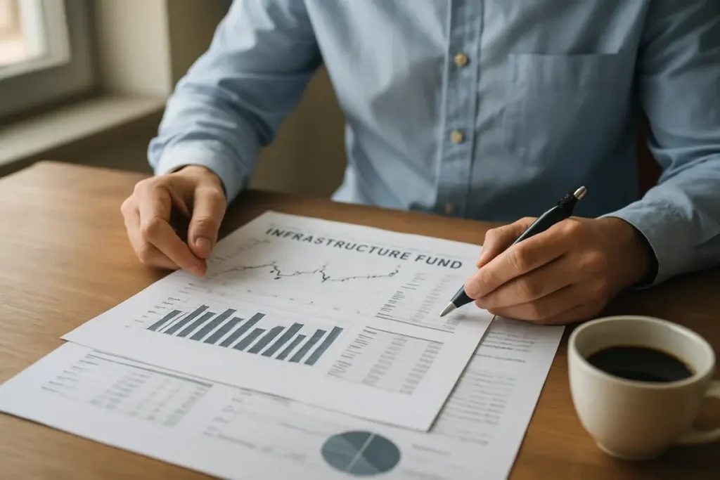 Analyste examinant des documents de fonds d'infrastructure à son bureau