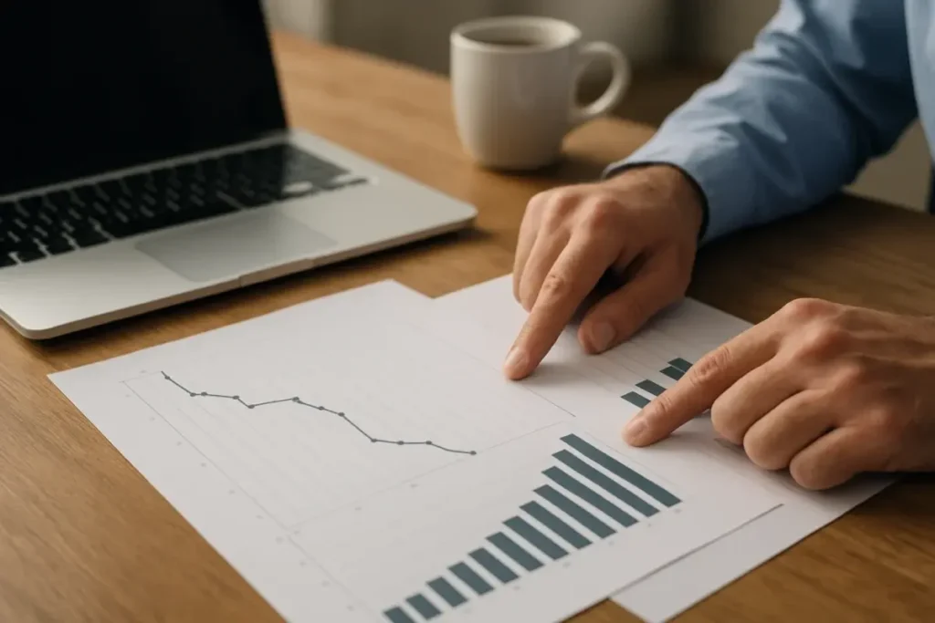 Analyste examinant des graphiques de levées de fonds sur un bureau