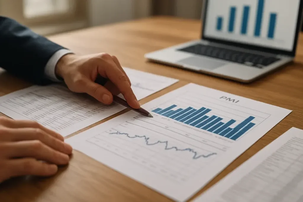 Analyste examinant des graphiques PMI et données économiques imprimées