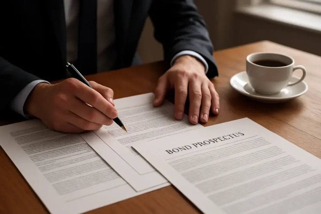 Analyste examinant des prospectus obligataires sur un bureau en bois