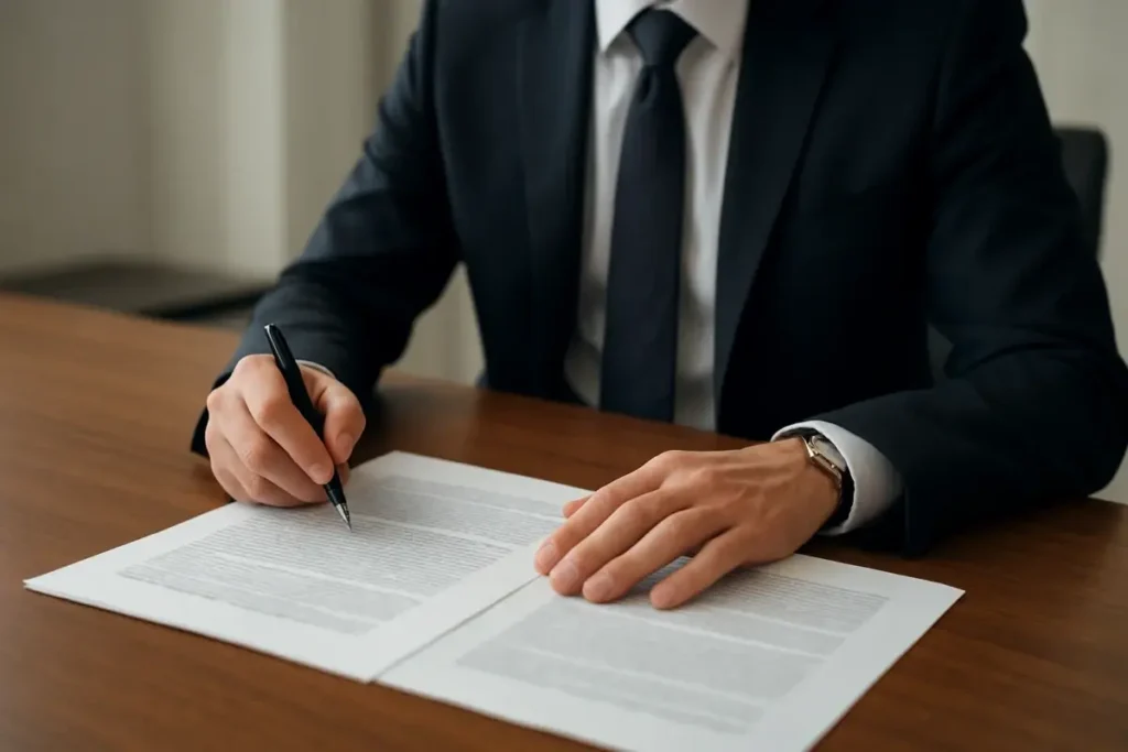 Analyste examinant des prospectus obligataires sur une table de réunion