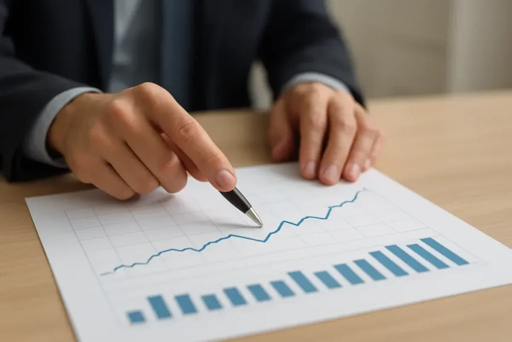 Analyste examinant un graphique des taux directeurs sur papier