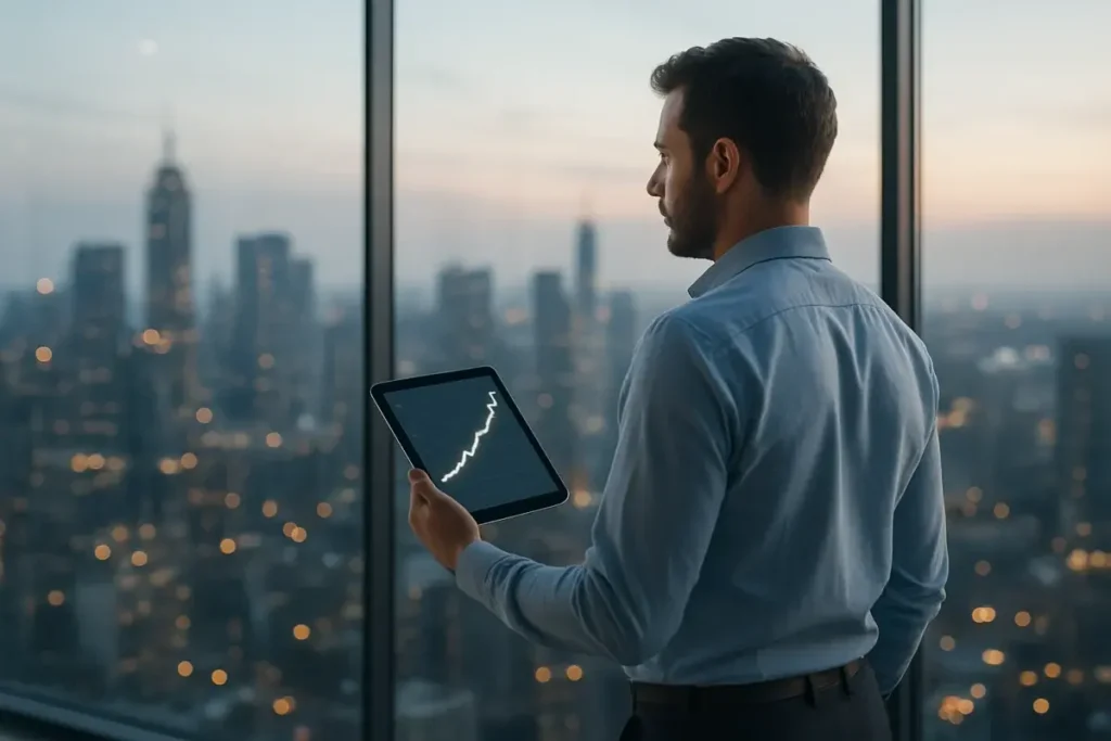 Analyste examinant une courbe de taux en forte progression sur tablette