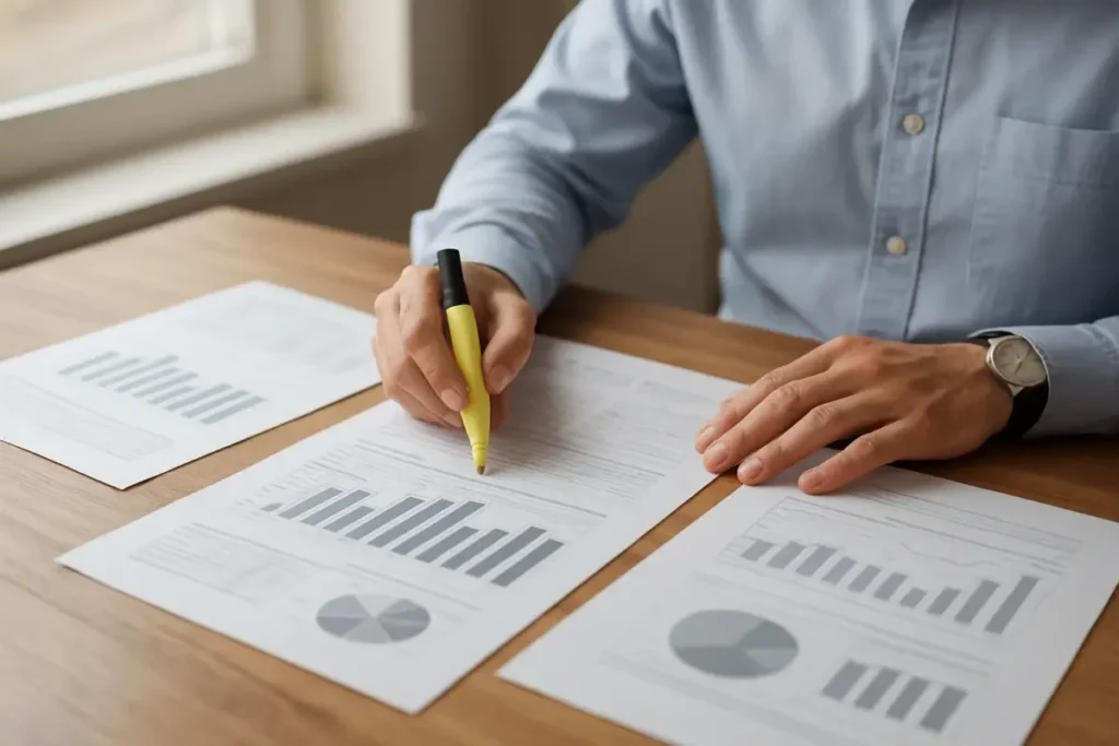 Analyste financier annotant des rapports de résultats trimestriels sur un bureau