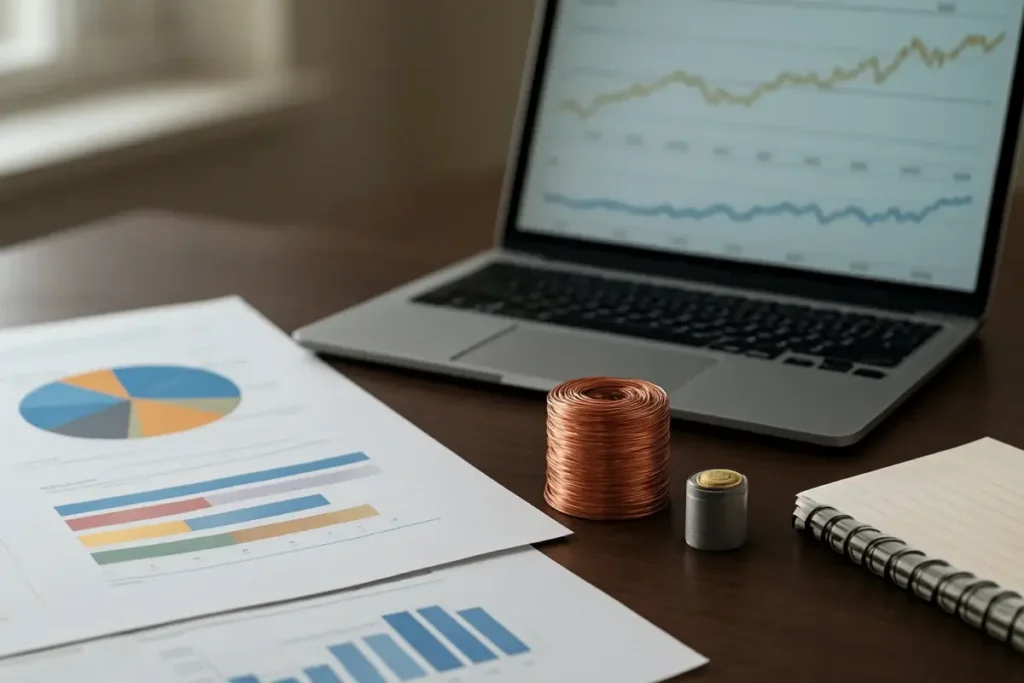 Analyste financier comparant des graphiques de matières premières sur son bureau