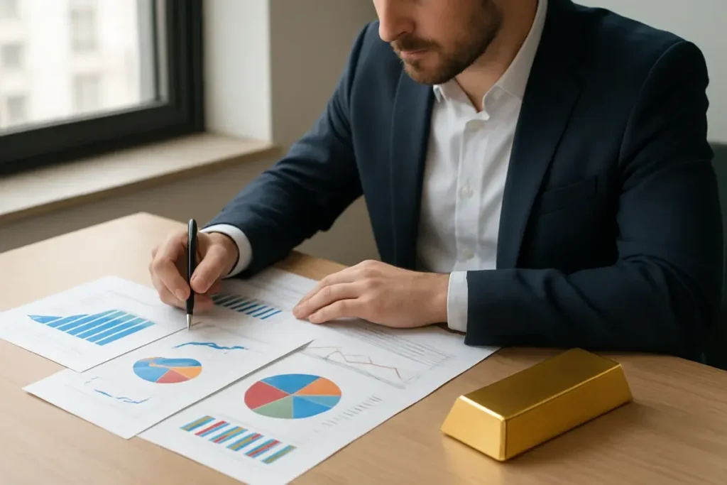 Analyste financier comparant graphiques boursiers et lingot d'or