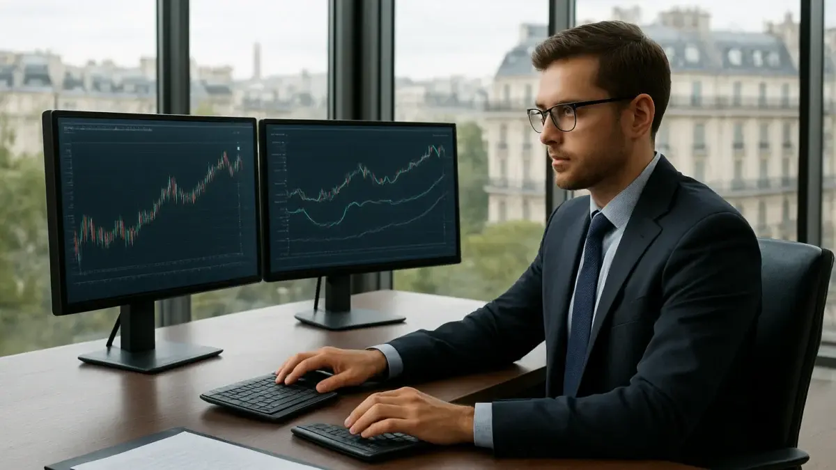 Analyste financier devant des courbes de taux sur deux écrans