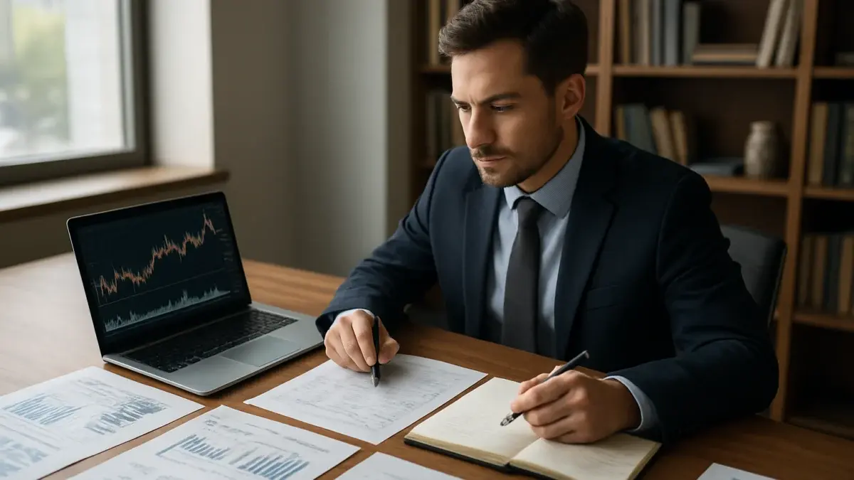 Analyste financier étudiant des rapports annuels et des graphiques boursiers