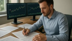 Analyste financier étudie des rapports de valorisation boursière sur bureau