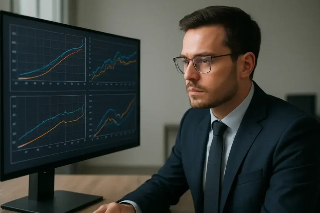 Analyste financier examinant des courbes de taux obligataires souverains et corporate européens