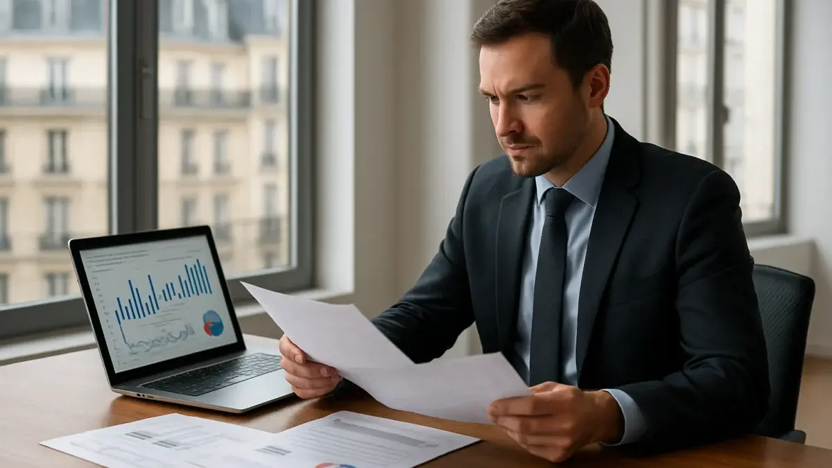 Analyste financier examinant des documents de private equity dans un bureau parisien