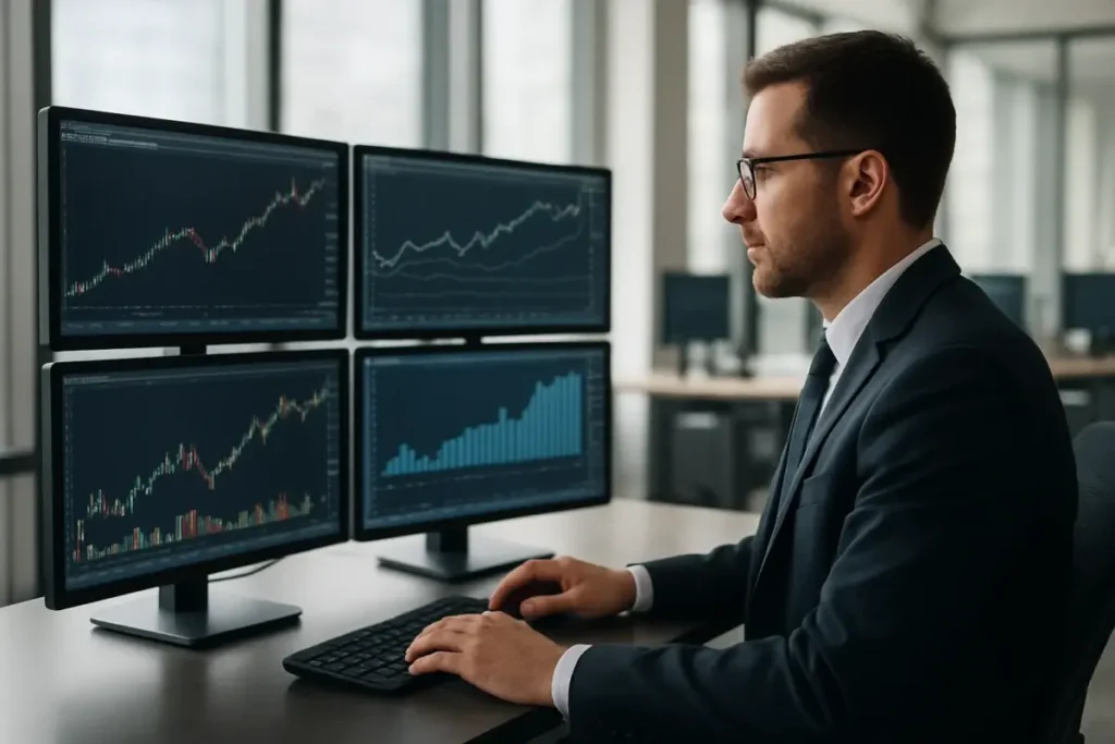 Analyste financier examinant des graphiques de performance boursière sur plusieurs écrans