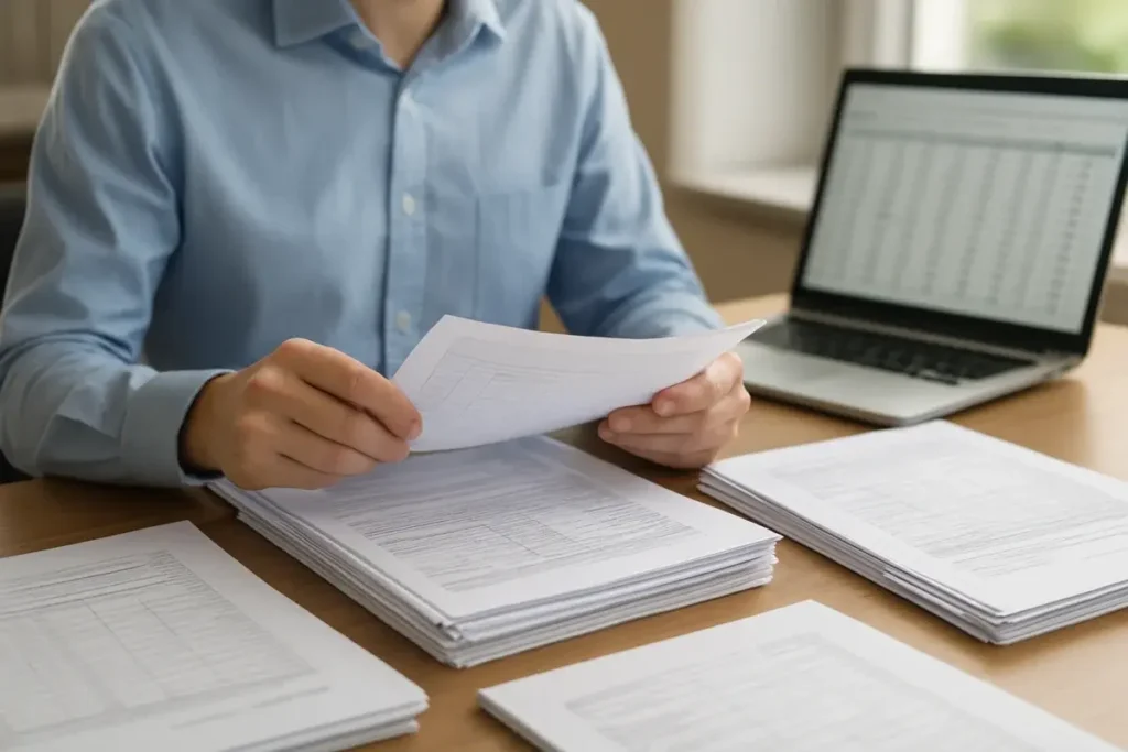 Analyste financier examinant des rapports de crédit imprimés sur un bureau