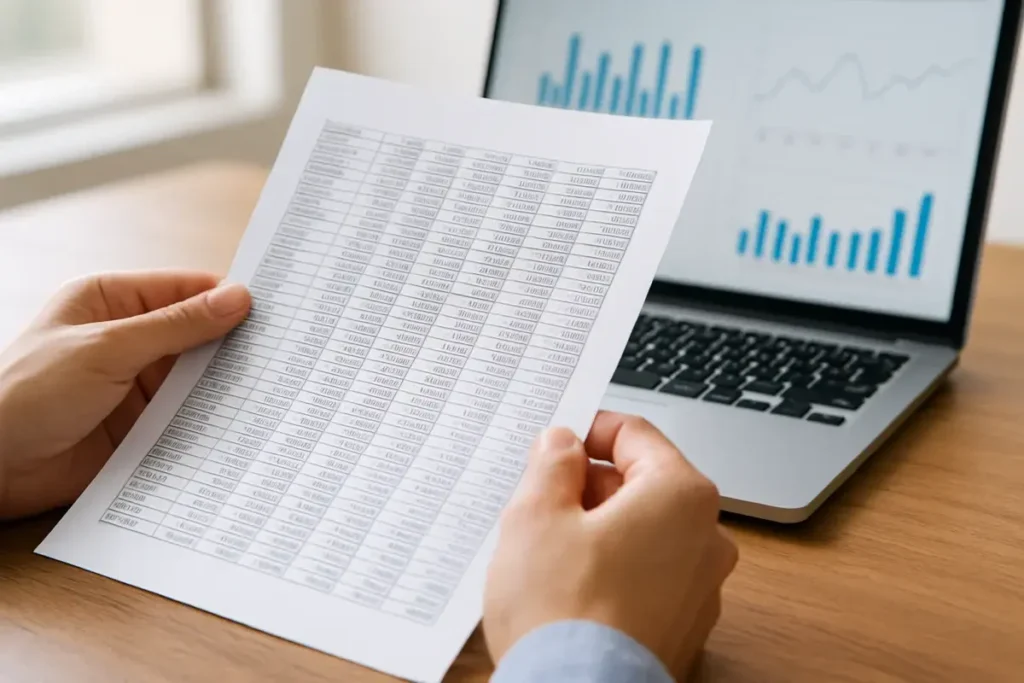 Analyste financier examinant des tableaux de revenus logiciels imprimés sur un bureau