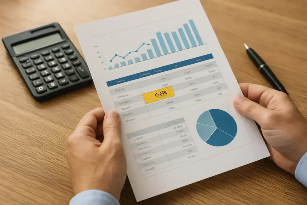 Analyste immobilier examinant un rapport de rendement sur un bureau