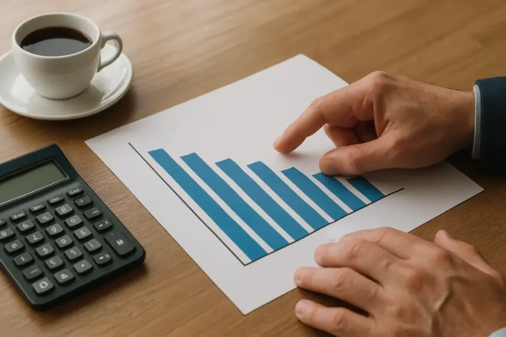 Analyste pointant un graphique de décollecte en baisse sur un rapport imprimé