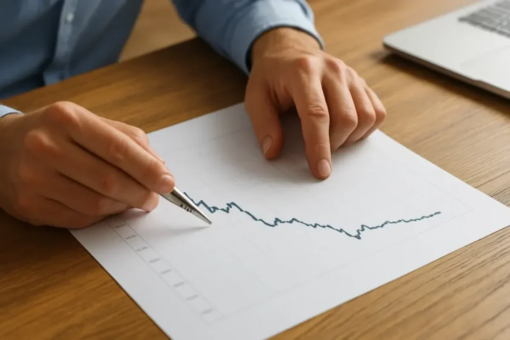 Analyste pointant un graphique de prix de parts de SCPI en stabilisation