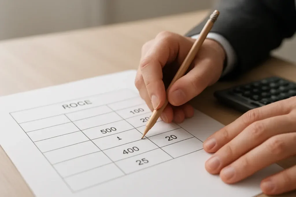 Analyste pointant un tableau de calcul du retour sur capitaux employés