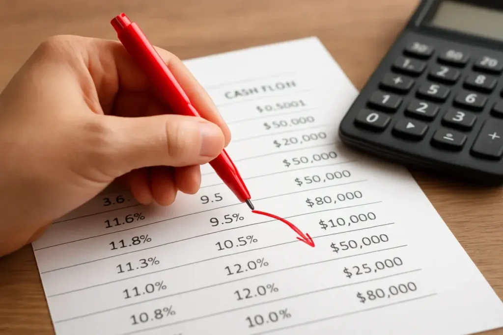 Annotation au stylo rouge d'un tableau de TRI sur document financier