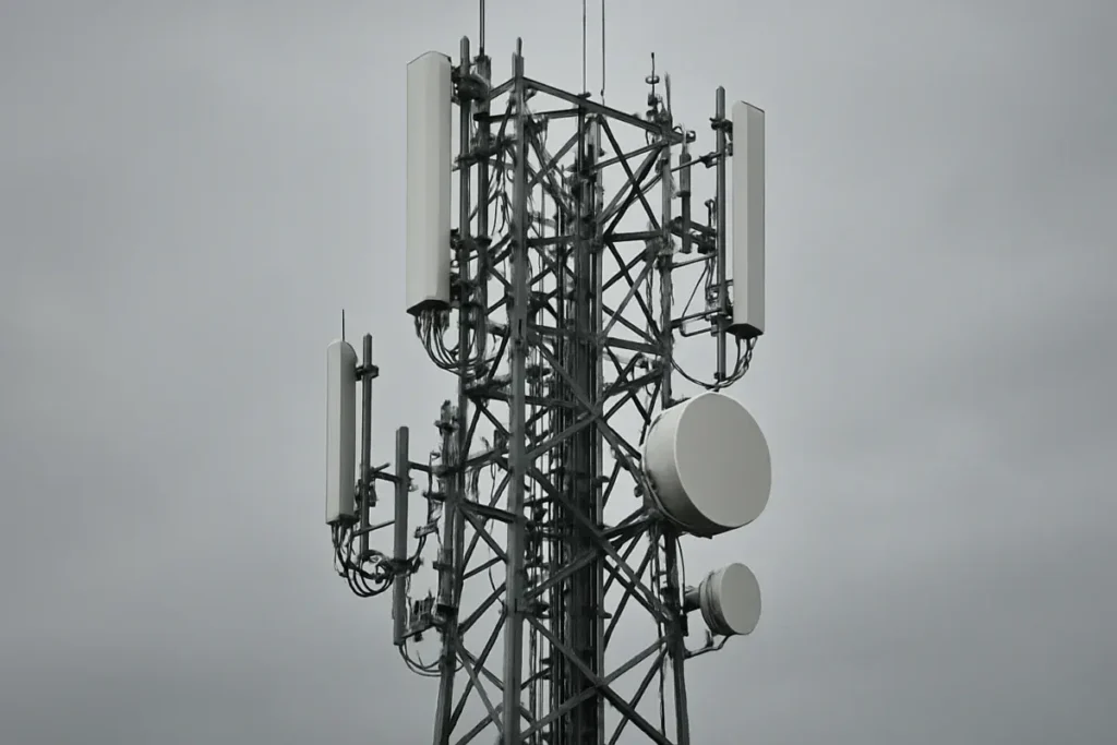Antenne télécom industrielle sous ciel gris symbolisant la vulnérabilité du secteur