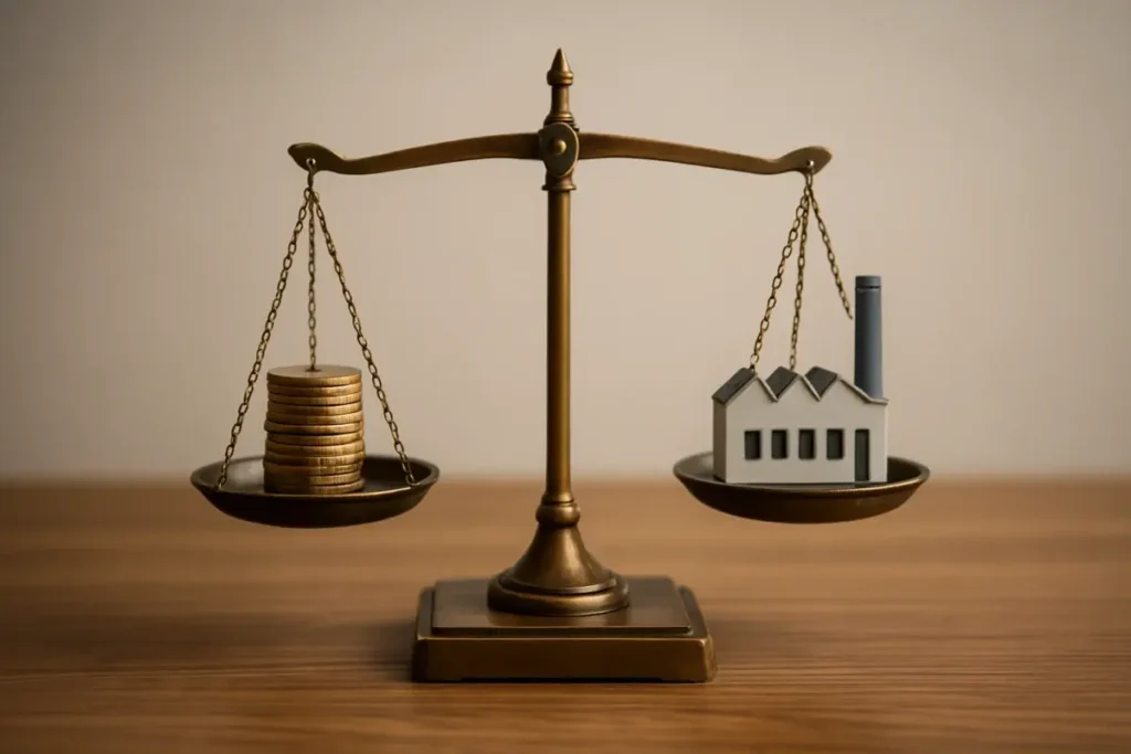 Balance représentant le compromis entre valorisation financière et création de valeur opérationnelle
