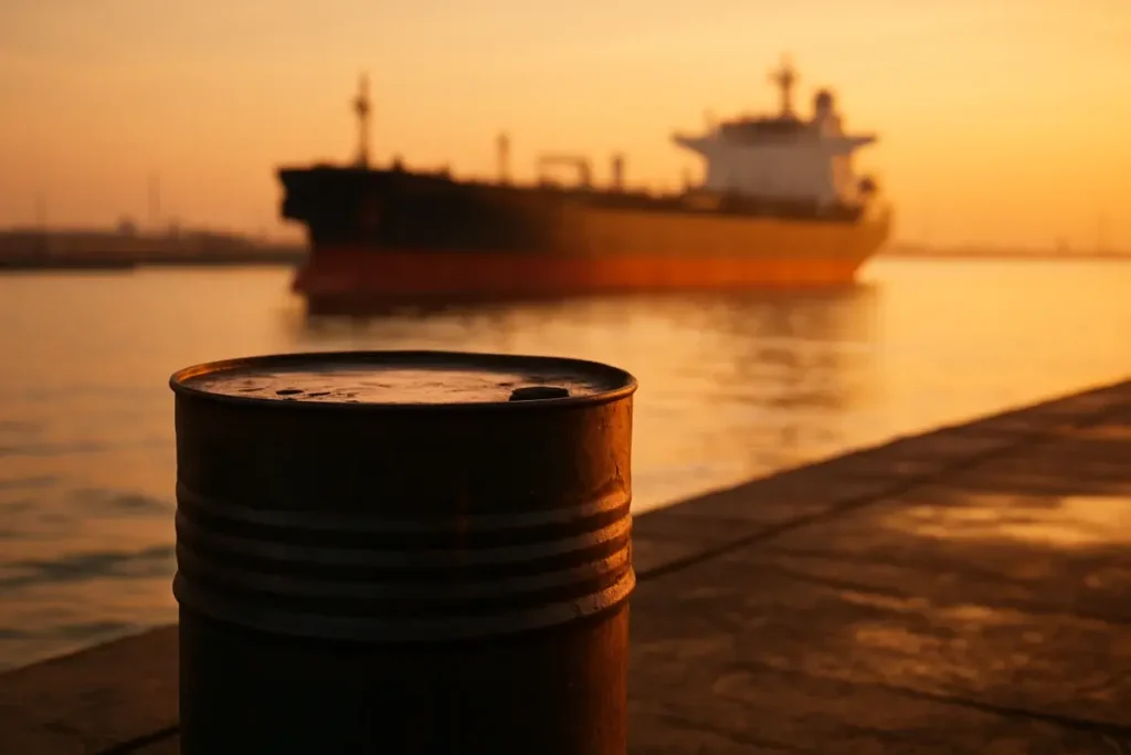 Baril de pétrole brut sur un quai industriel avec pétrolier en arrière-plan