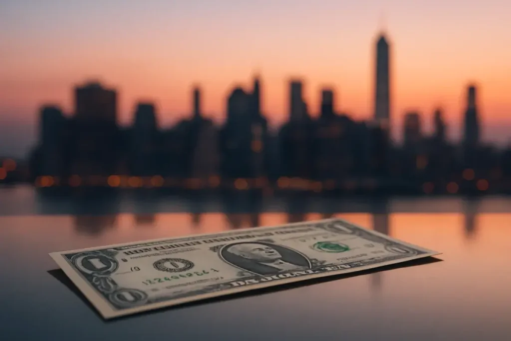 Billet de dollar américain sur fond de skyline urbain au crépuscule