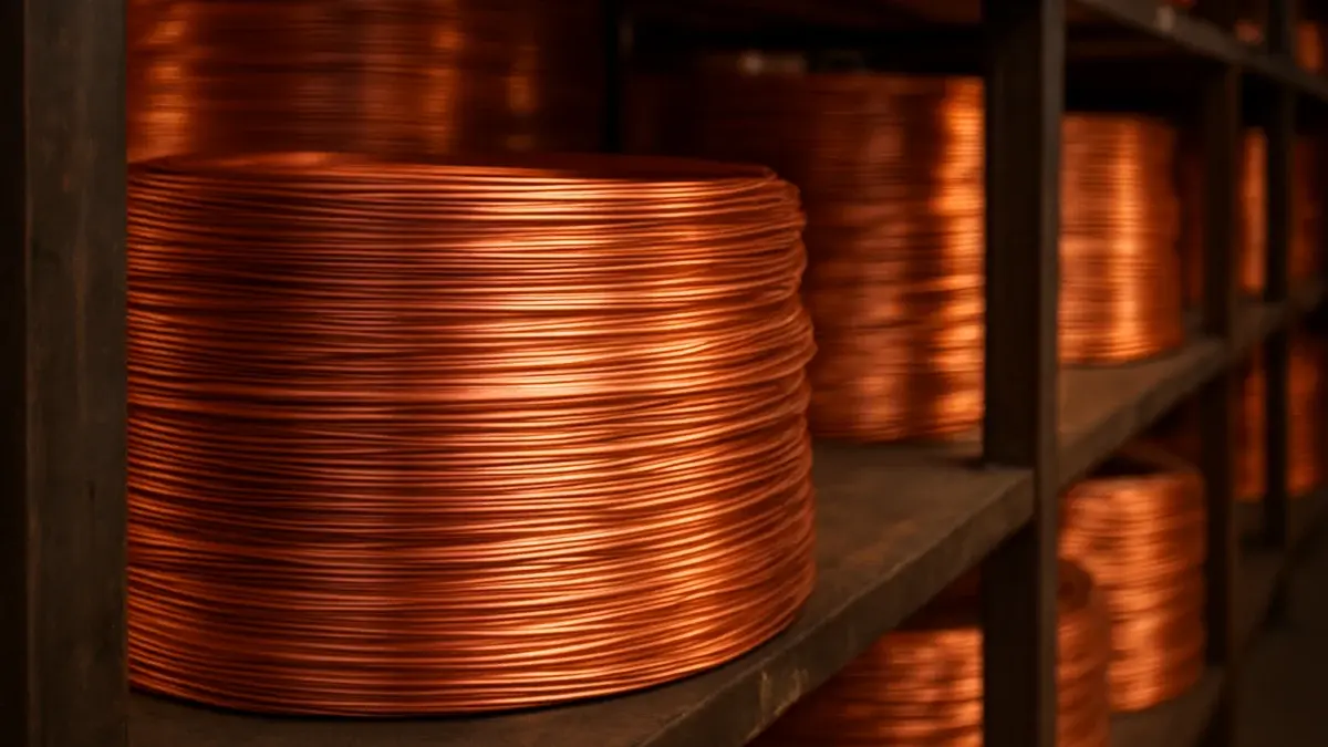 Bobines de fil de cuivre brillant sur étagère industrielle