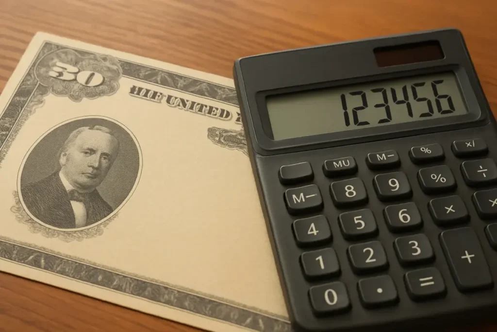 Bon du Trésor américain posé sur un bureau avec calculatrice