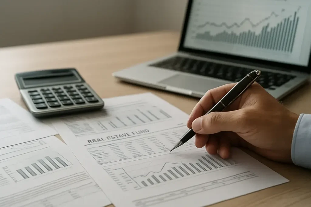 Bureau d'analyste avec bulletins trimestriels SCPI et calculatrice