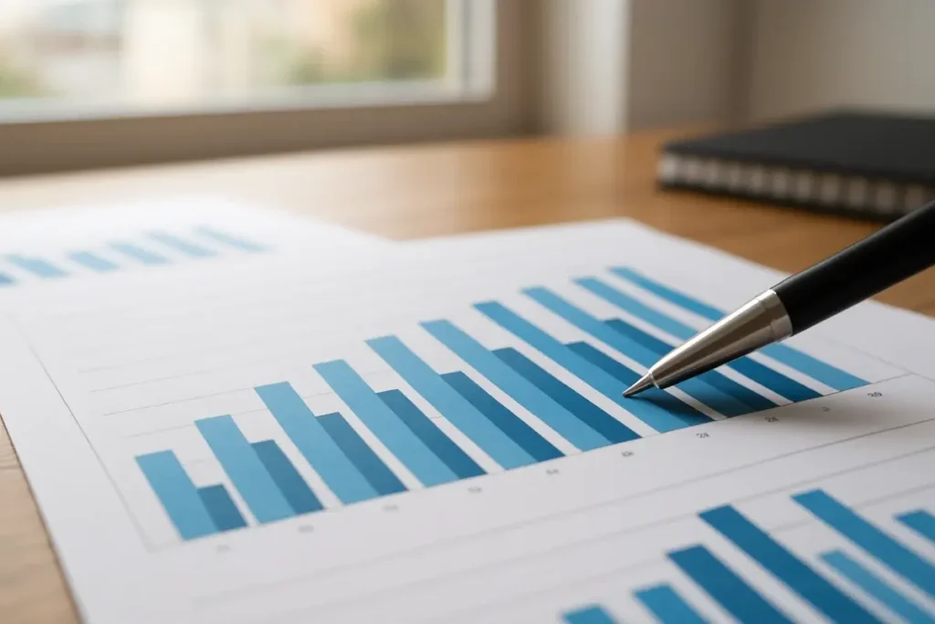 Bureau d'analyste avec graphiques de collecte de fonds imprimés