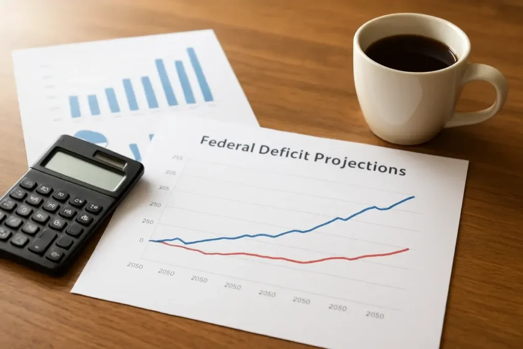 Bureau d'analyste avec graphiques de déficit budgétaire fédéral