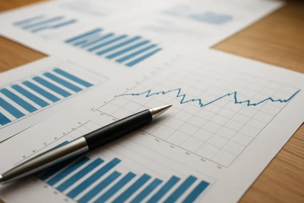 Bureau d'analyste avec graphiques PMI et courbes d'exportations en hausse