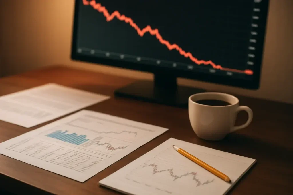 Bureau d'analyste financier avec rapports imprimés et graphique boursier